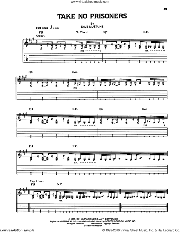 Take No Prisoners sheet music for guitar (tablature) by Megadeth and Dave Mustaine, intermediate skill level
