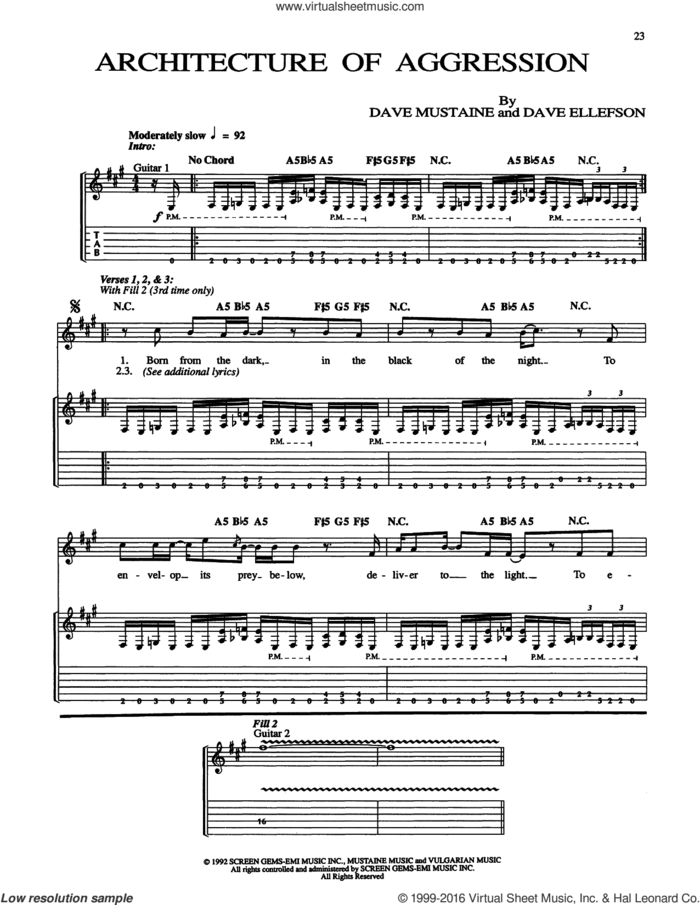 Architecture Of Aggression sheet music for guitar (tablature) by Megadeth, Dave Ellefson and Dave Mustaine, intermediate skill level