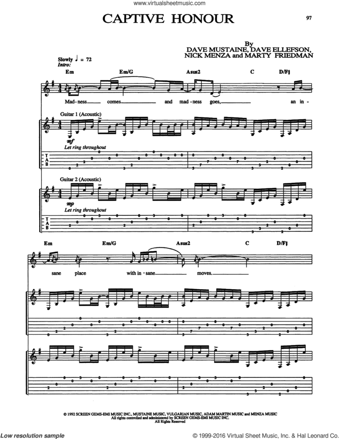 Captive Honour sheet music for guitar (tablature) by Megadeth, Dave Ellefson, Dave Mustaine, Marty Friedman and Nick Menza, intermediate skill level