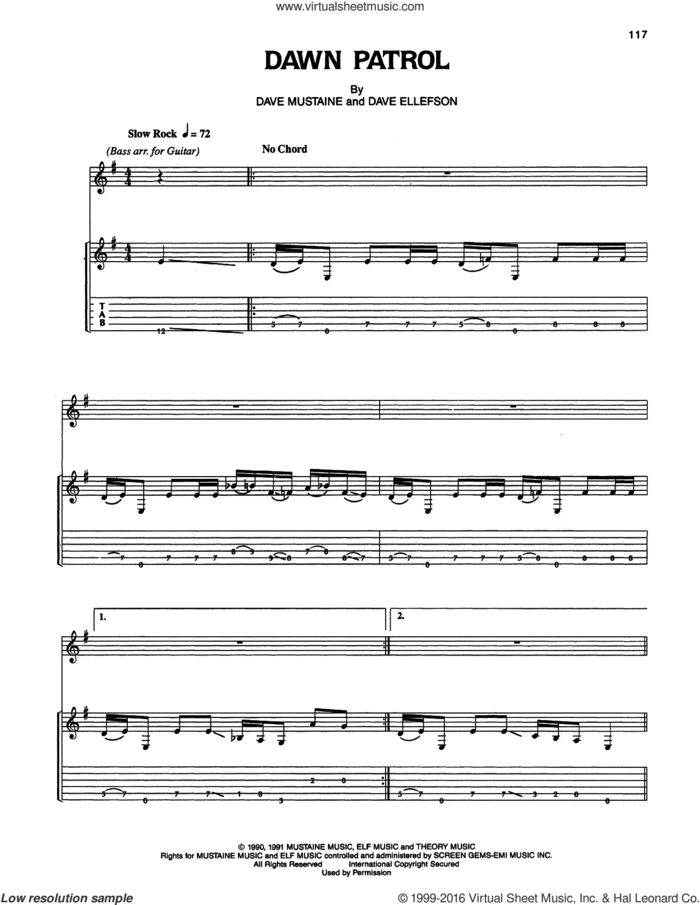 Dawn Patrol sheet music for guitar (tablature) by Megadeth, Dave Ellefson and Dave Mustaine, intermediate skill level