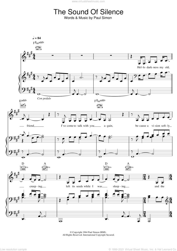 The Sound Of Silence sheet music for voice, piano or guitar by Disturbed, Paul & Garfunkel, Art Simon and Paul Simon, intermediate skill level