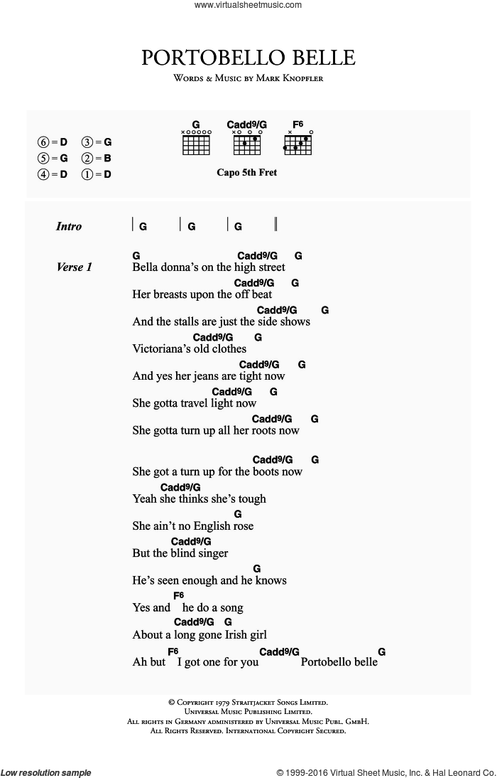 Portobello Belle sheet music for guitar (chords) by Dire Straits and Mark Knopfler, intermediate skill level