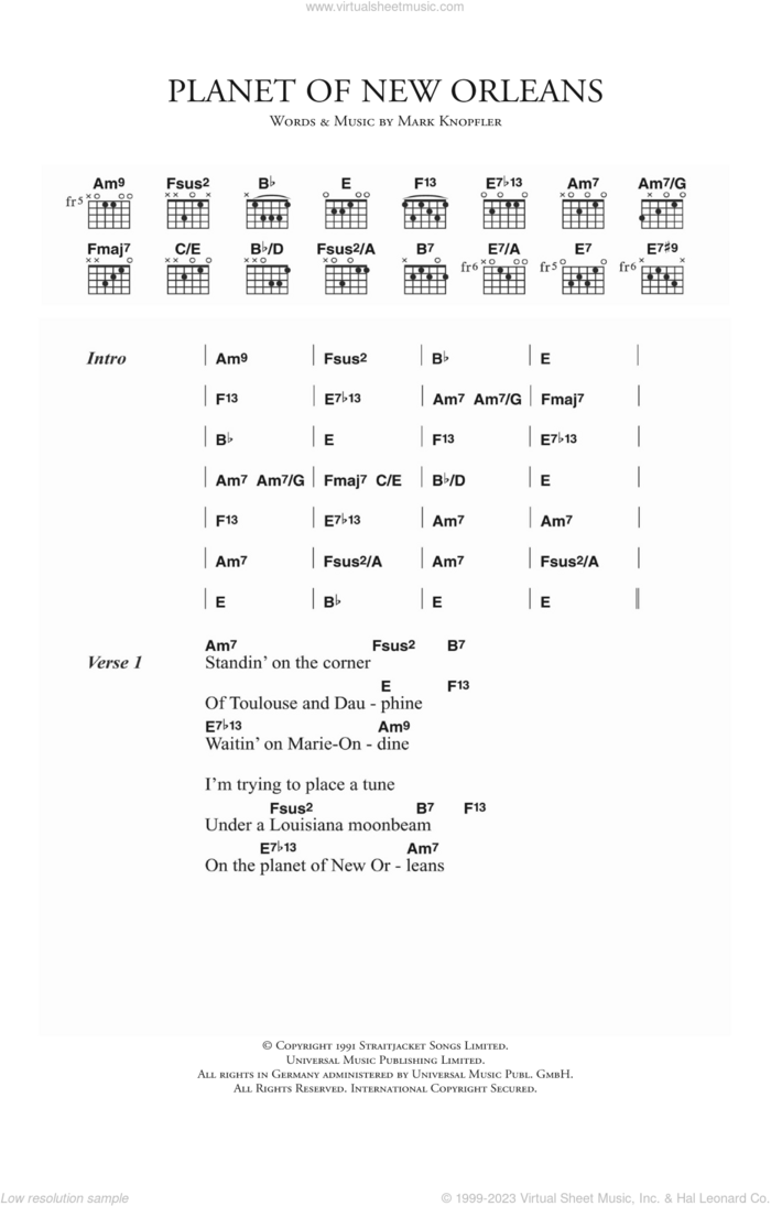 Planet Of New Orleans sheet music for guitar (chords) by Dire Straits and Mark Knopfler, intermediate skill level
