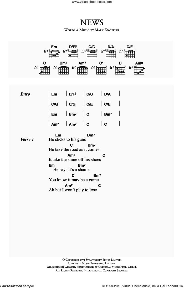 News sheet music for guitar (chords) by Dire Straits and Mark Knopfler, intermediate skill level