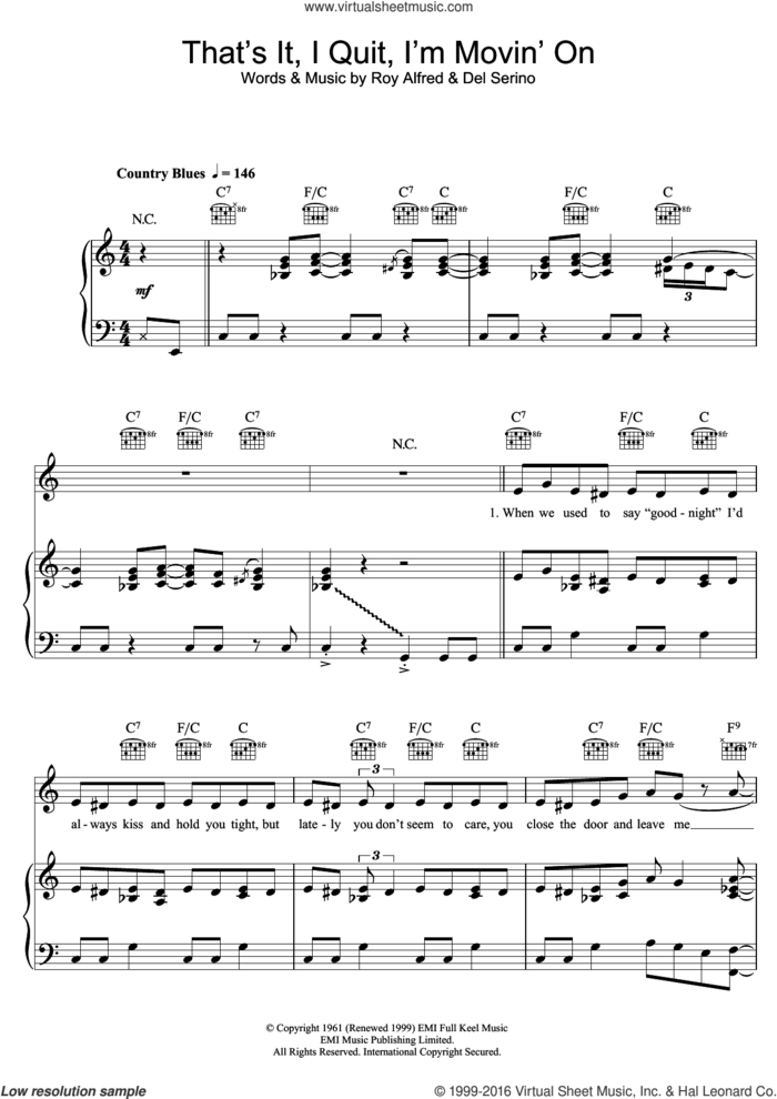 That's It, I Quit, I'm Movin' On sheet music for voice, piano or guitar by Adele, Del Serino and Roy Alfred, intermediate skill level