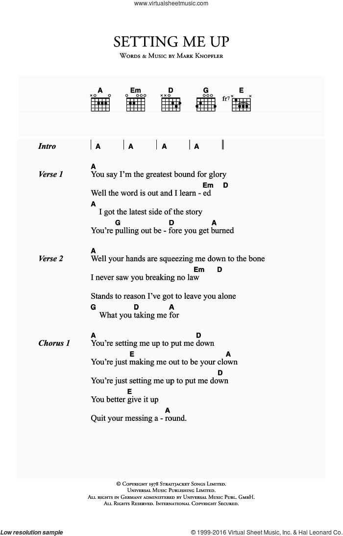 Setting Me Up sheet music for guitar (chords) by Dire Straits and Mark Knopfler, intermediate skill level