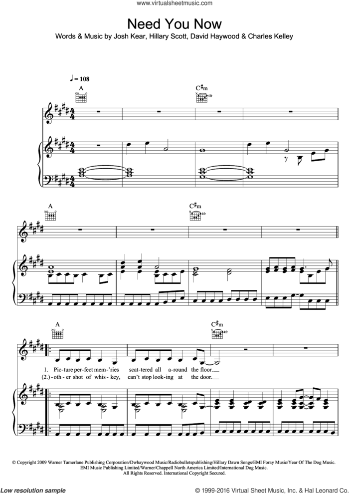 Need You Now sheet music for voice, piano or guitar by Adele, Lady A, Lady Antebellum, Charles Kelley, David Haywood, Hillary Scott and Josh Kear, intermediate skill level