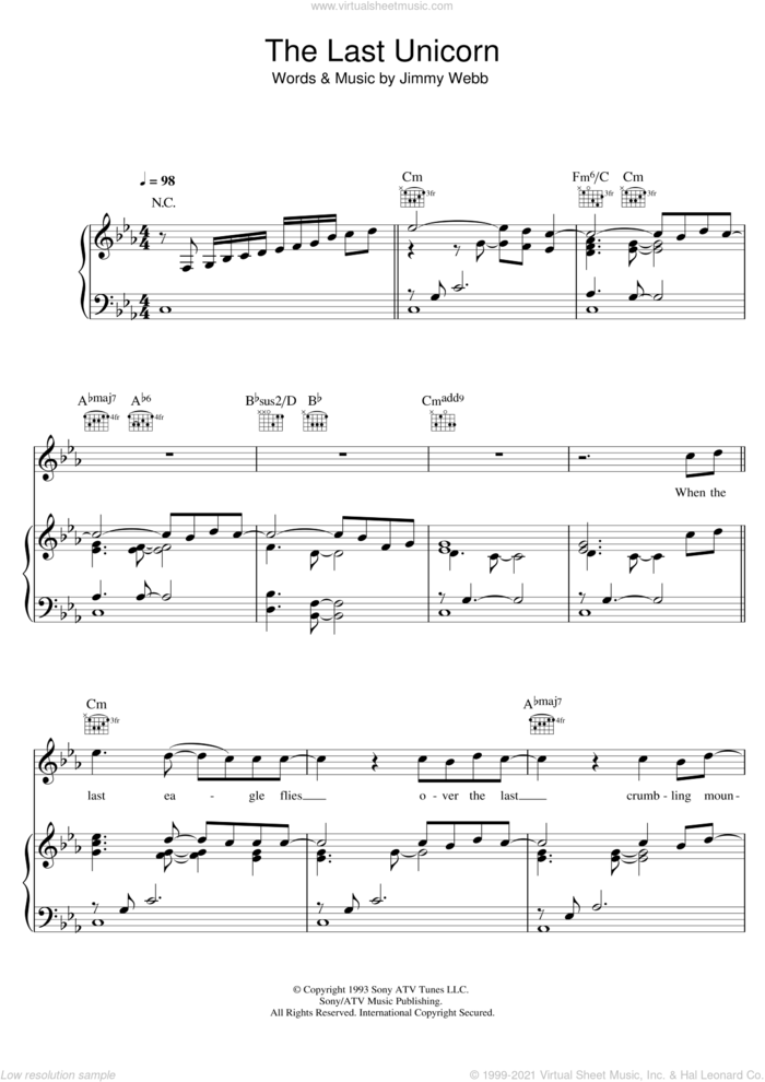 The Last Unicorn sheet music for voice, piano or guitar by America and Jimmy Webb, intermediate skill level