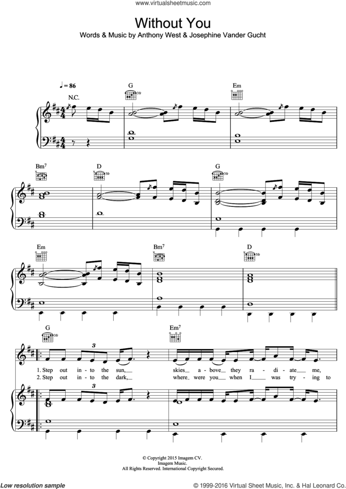 Without You sheet music for voice, piano or guitar by Oh Wonder, Anthony West and Josephine Vander Gucht, intermediate skill level