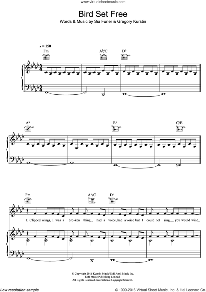 Bird Set Free sheet music for voice, piano or guitar by Sia, Greg Kurstin and Sia Furler, intermediate skill level
