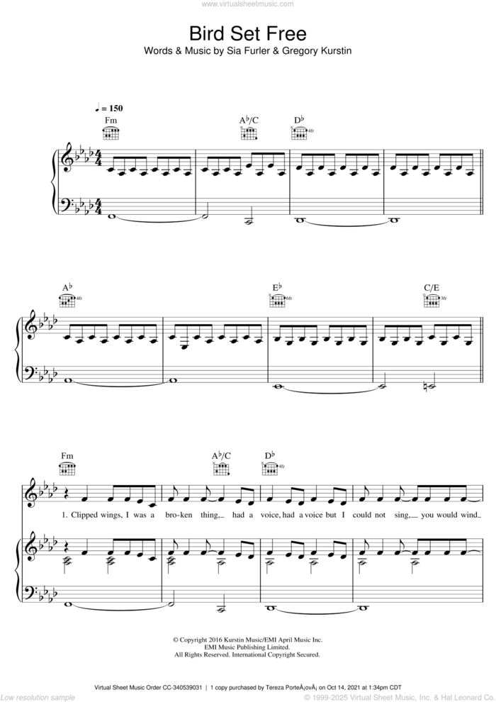 Bird Set Free sheet music for voice, piano or guitar by Sia, Greg Kurstin and Sia Furler, intermediate skill level