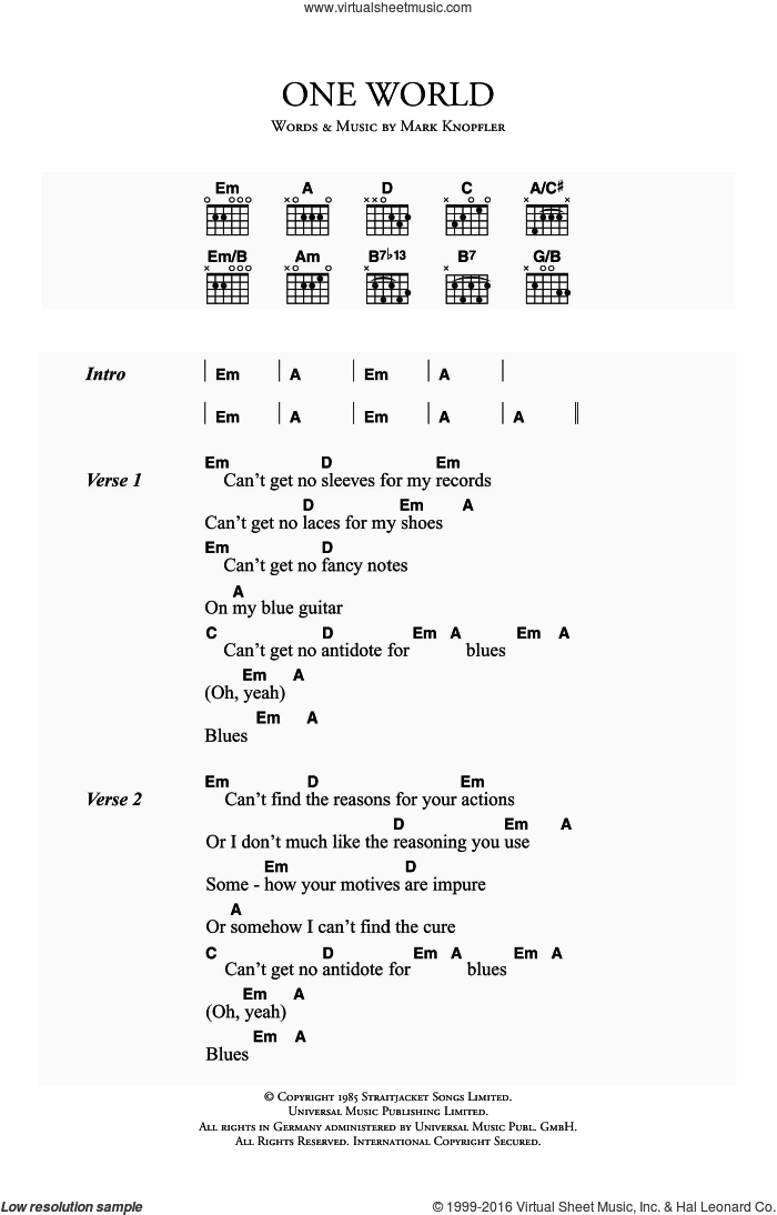 One World sheet music for guitar (chords) by Dire Straits and Mark Knopfler, intermediate skill level