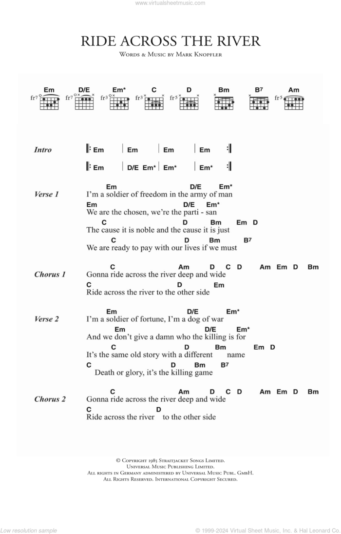 Ride Across The River sheet music for guitar (chords) by Dire Straits and Mark Knopfler, intermediate skill level