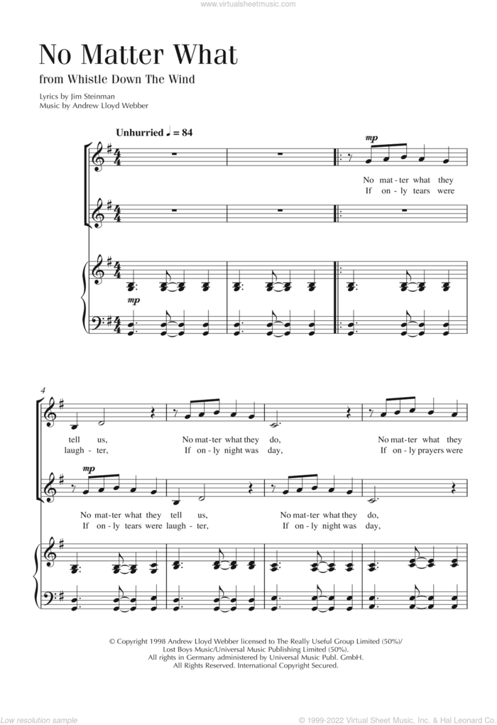No Matter What (from Whistle Down The Wind) sheet music for choir by Andrew Lloyd Webber, Boyzone and Jim Steinman, intermediate skill level