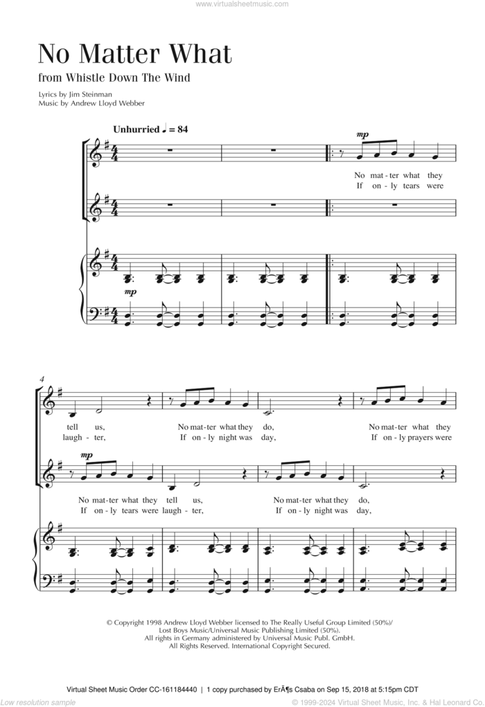 No Matter What (from Whistle Down The Wind) sheet music for choir by Andrew Lloyd Webber, Boyzone and Jim Steinman, intermediate skill level