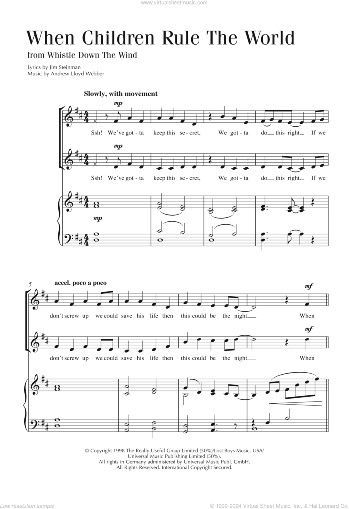 When Children Rule The World sheet music for choir by Andrew Lloyd Webber and Jim Steinman, intermediate skill level