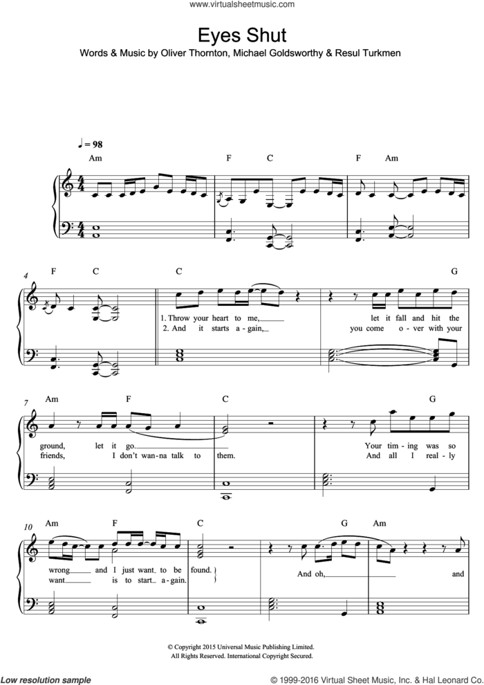 Eyes Shut sheet music for piano solo by Years & Years, Michael Goldsworthy, Oliver Thornton and Resul Turkmen, easy skill level