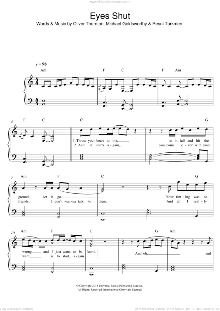 Eyes Shut sheet music for piano solo by Years & Years, Michael Goldsworthy, Oliver Thornton and Resul Turkmen, easy skill level