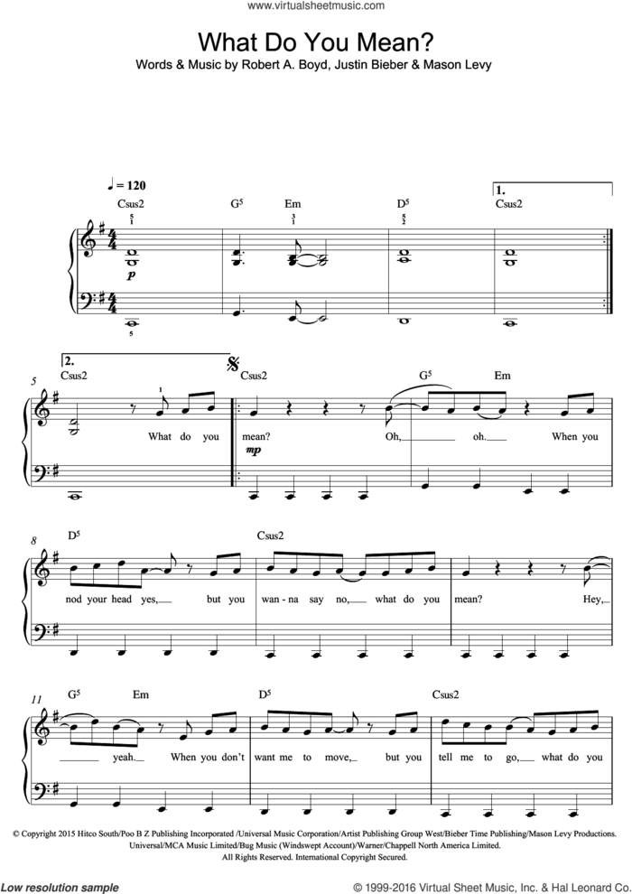 What Do You Mean? sheet music for voice, piano or guitar by Justin Bieber, Mason Levy and Robert A. Boyd, intermediate skill level