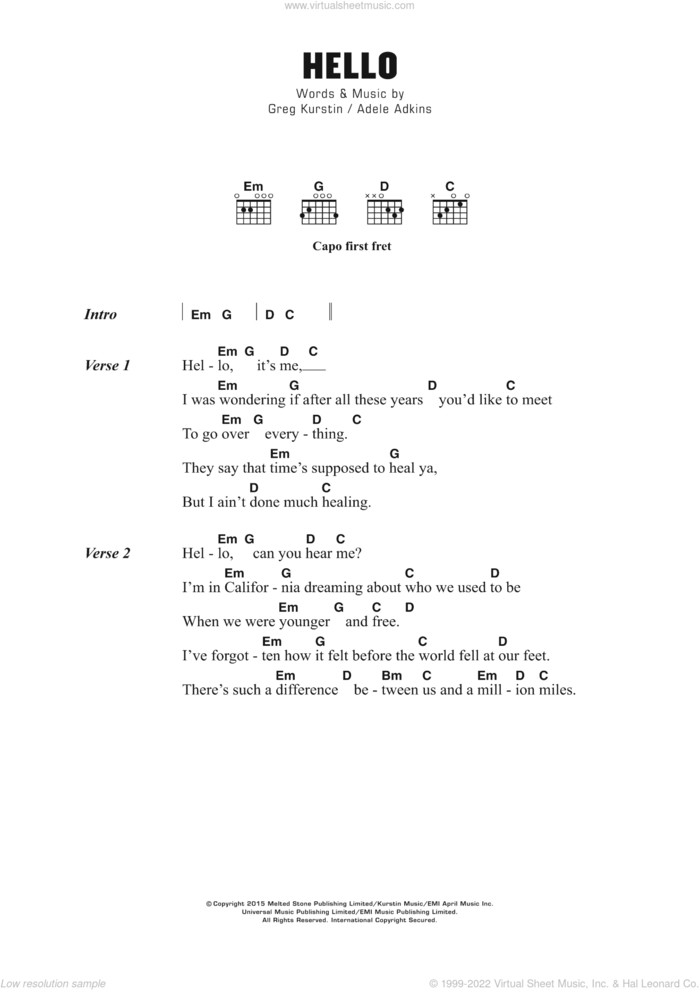 Hello sheet music for guitar (chords) by Adele, Adele Adkins and Greg Kurstin, intermediate skill level