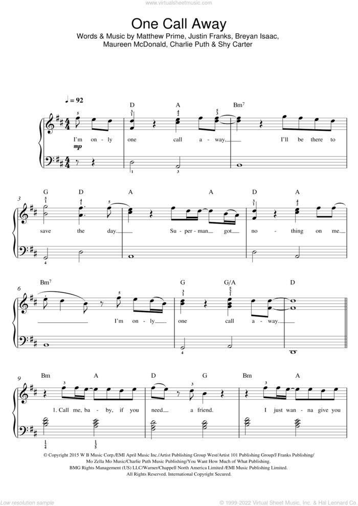 One Call Away sheet music for piano solo by Charlie Puth, Breyan Isaac, Justin Franks, Matthew Prime, Maureen McDonald and Shy Carter, easy skill level