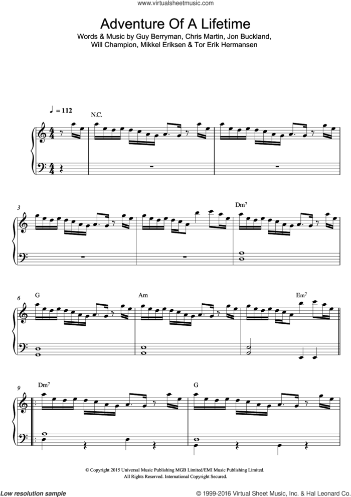 Adventure Of A Lifetime sheet music for piano solo by Coldplay, Chris Martin, Guy Berryman, Jon Buckland, Mikkel Eriksen, Tor Erik Hermansen and Will Champion, easy skill level