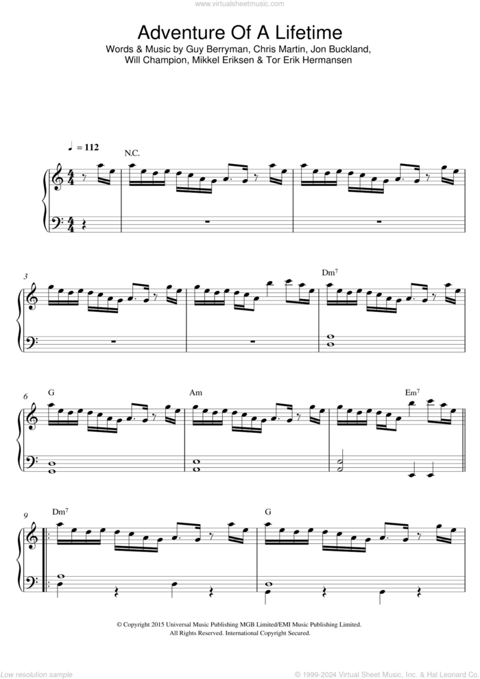 Adventure Of A Lifetime, (easy) sheet music for piano solo by Coldplay, Chris Martin, Guy Berryman, Jon Buckland, Mikkel Eriksen, Tor Erik Hermansen and Will Champion, easy skill level