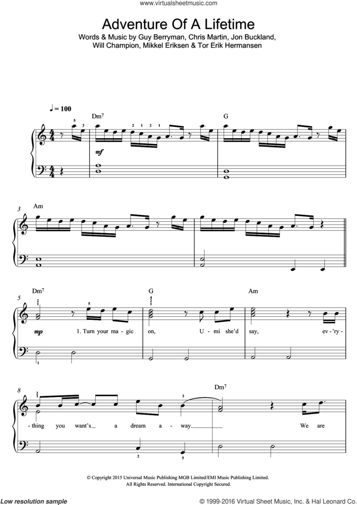 Adventure Of A Lifetime sheet music for voice, piano or guitar by Coldplay, Chris Martin, Guy Berryman, Jon Buckland, Mikkel Eriksen, Tor Erik Hermansen and Will Champion, intermediate skill level
