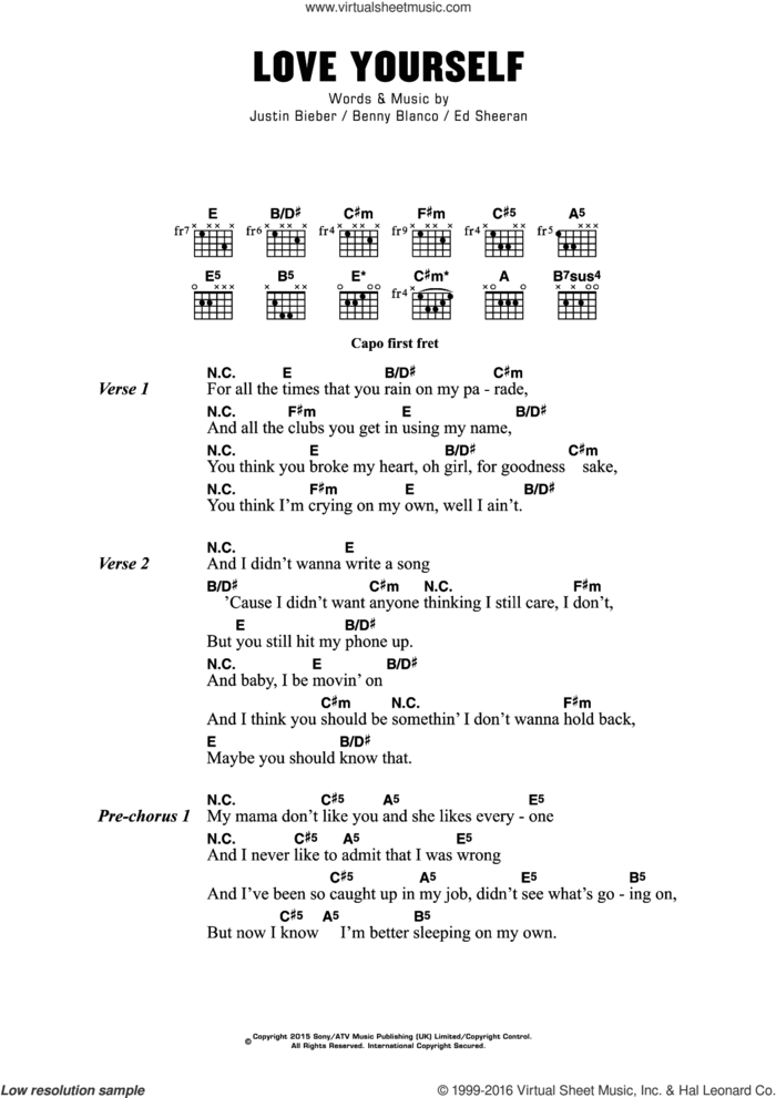 Love Yourself sheet music for guitar (chords) by Justin Bieber, Benny Blanco and Ed Sheeran, intermediate skill level