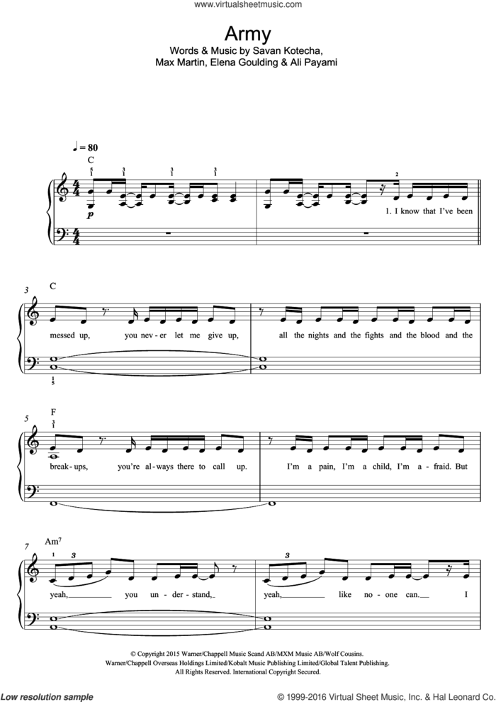 Army sheet music for piano solo by Ellie Goulding, Ali Payami, Elena Goulding, Max Martin and Savan Kotecha, easy skill level
