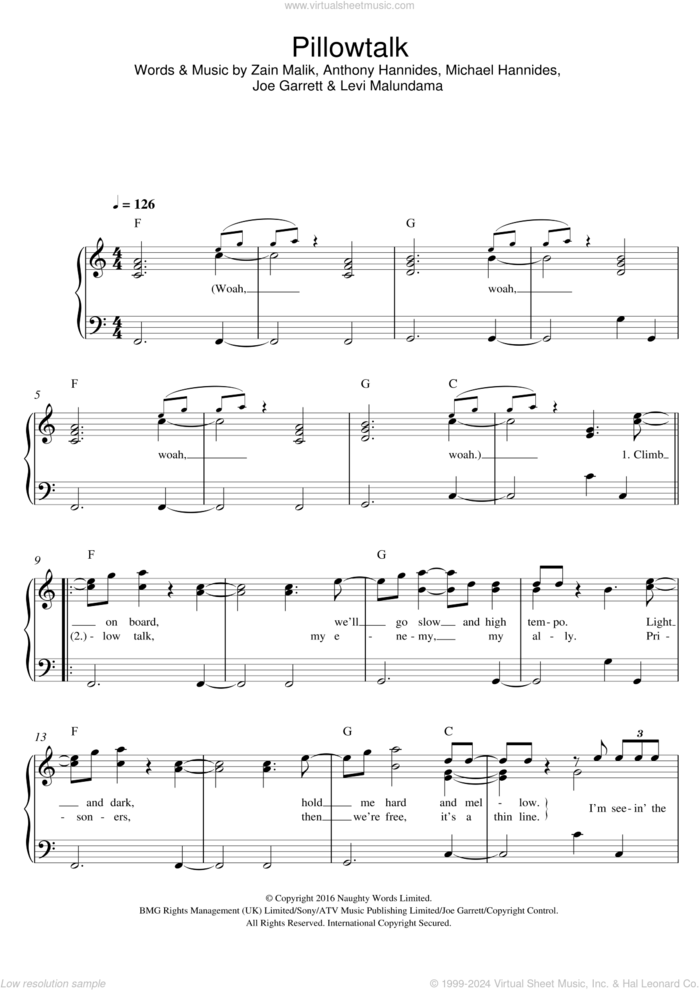 Pillowtalk sheet music for piano solo by Zayn, Anthony Hannides, Joe Garrett, Levi Malundama, Michael Hannides and Zain Malik, easy skill level