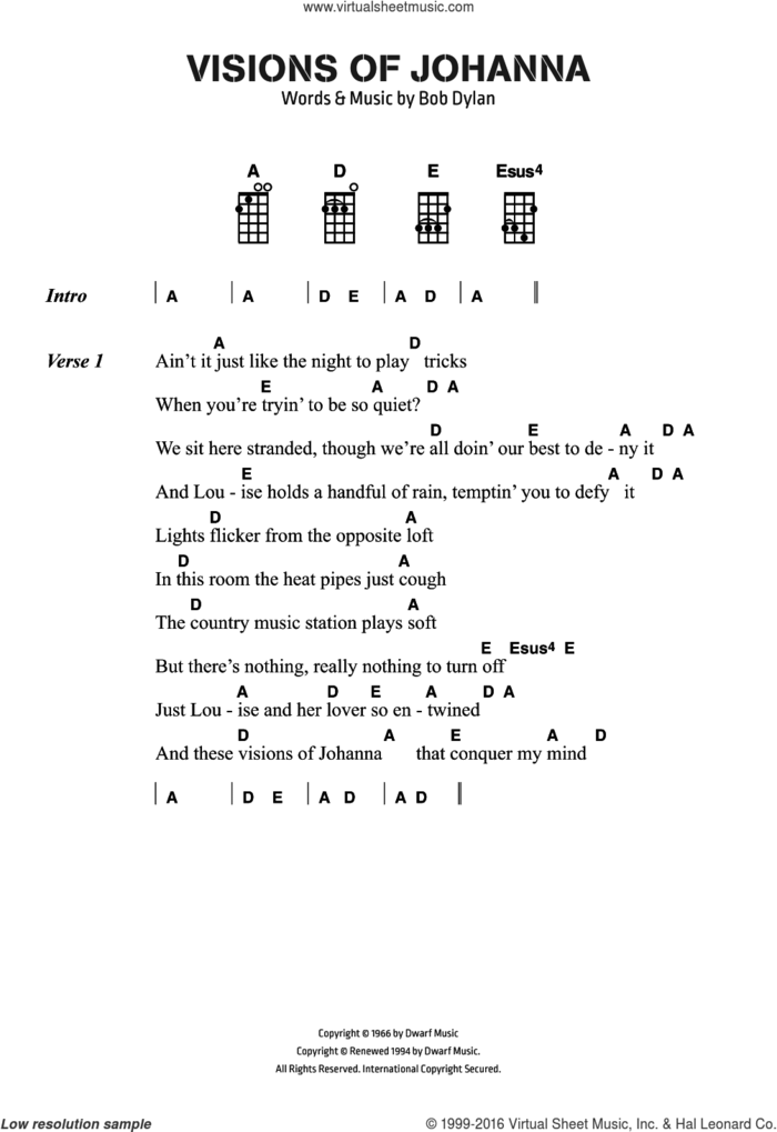 Visions Of Johanna sheet music for voice, piano or guitar by Bob Dylan, intermediate skill level