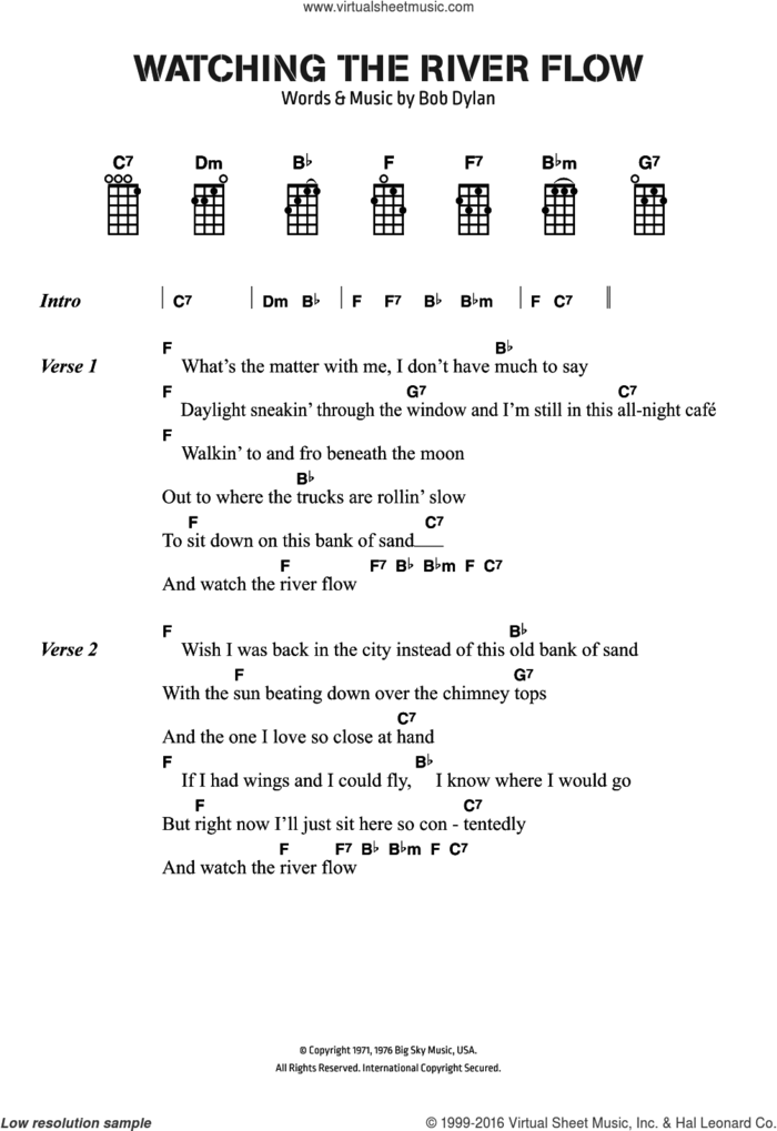 Watching The River Flow sheet music for ukulele (chords) by Bob Dylan, intermediate skill level