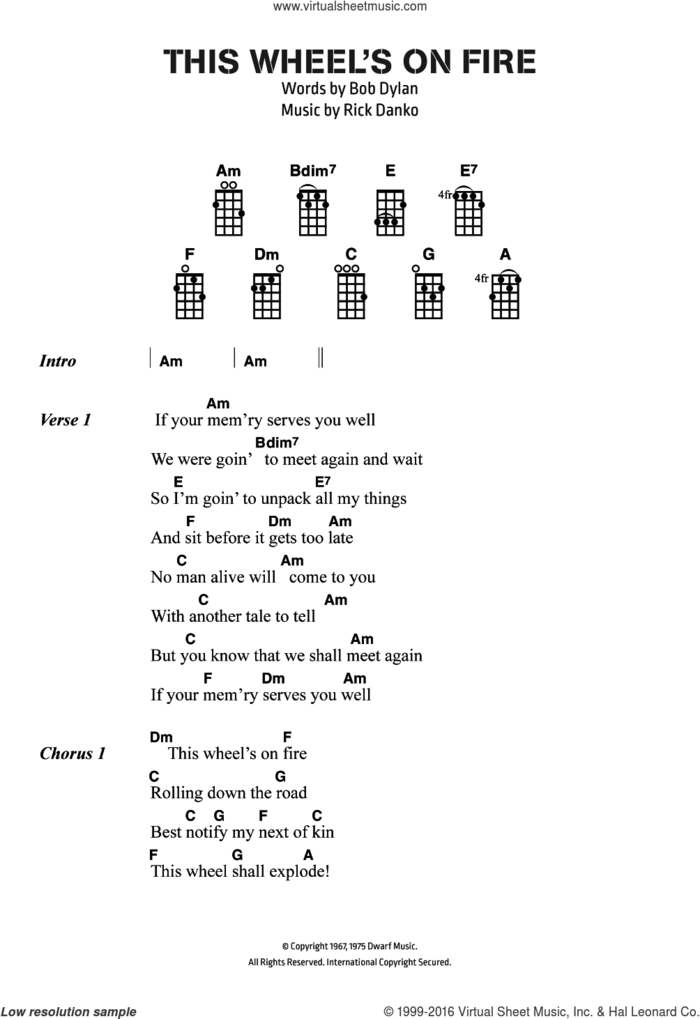 This Wheel's On Fire sheet music for voice, piano or guitar by Bob Dylan and Rick Danko, intermediate skill level