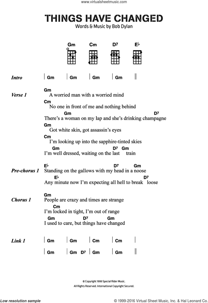 Things Have Changed sheet music for ukulele (chords) by Bob Dylan, intermediate skill level