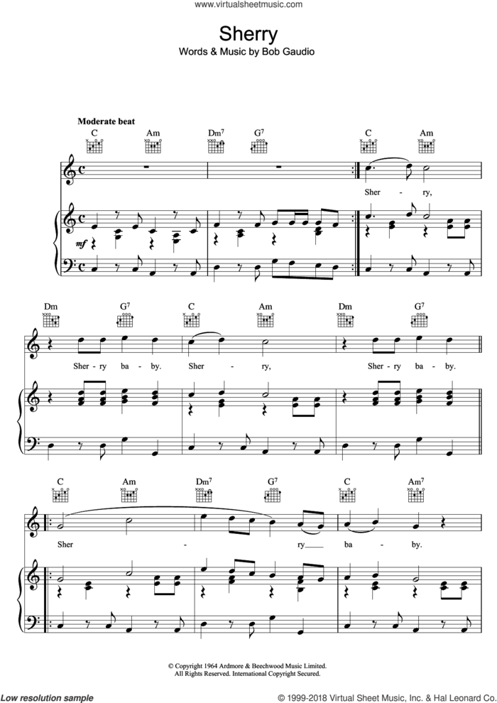 Sherry sheet music for voice, piano or guitar by The Four Seasons and Bob Gaudio, intermediate skill level