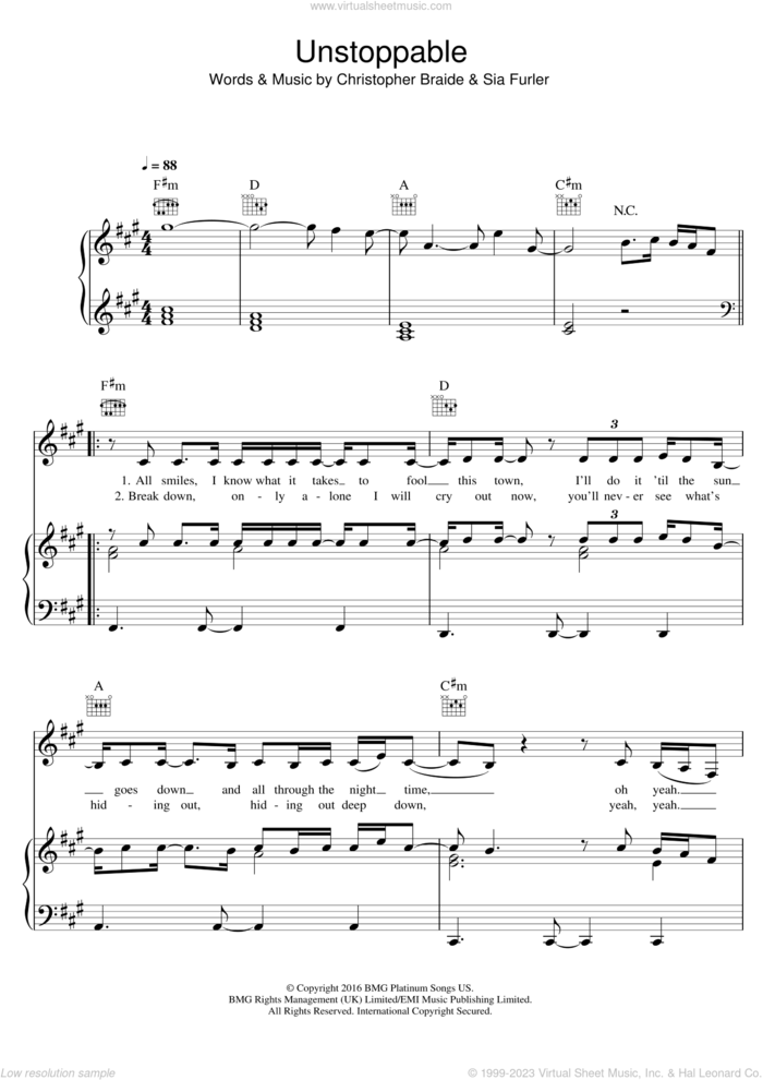 Unstoppable sheet music for voice, piano or guitar by Sia, Chris Braide and Sia Furler, intermediate skill level
