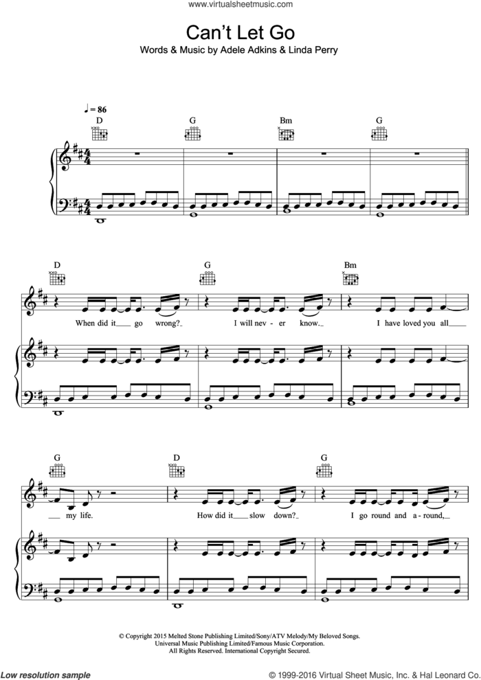 Can't Let Go sheet music for voice, piano or guitar by Adele, Adele Adkins and Linda Perry, intermediate skill level