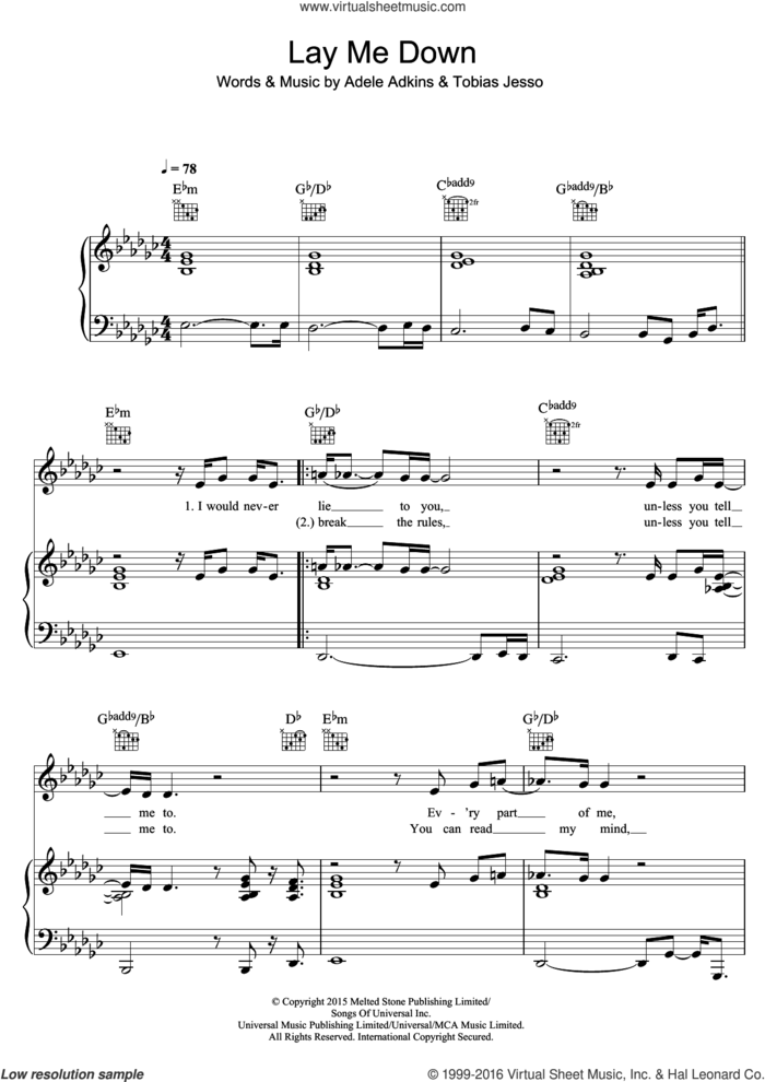 Lay Me Down sheet music for voice, piano or guitar by Adele, Adele Adkins and Tobias Jesso, intermediate skill level