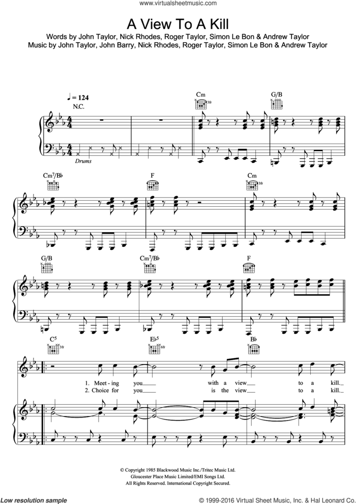 A View To A Kill sheet music for voice, piano or guitar by Duran Duran, Andrew Taylor, John Barry, John Taylor, Nick Rhodes, Roger Taylor and Simon LeBon, intermediate skill level