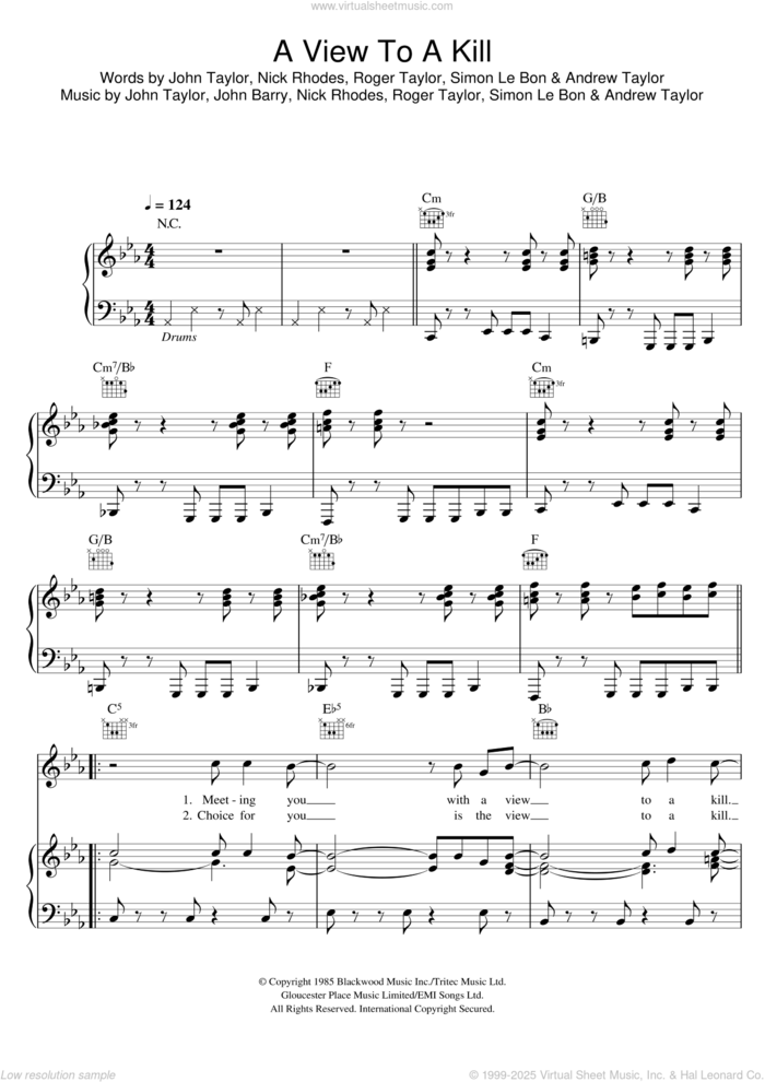 A View To A Kill sheet music for voice, piano or guitar by Duran Duran, Andrew Taylor, John Barry, John Taylor, Nick Rhodes, Roger Taylor and Simon LeBon, intermediate skill level