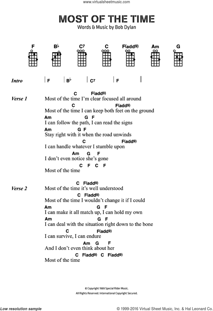 Most Of The Time sheet music for voice, piano or guitar by Bob Dylan, intermediate skill level