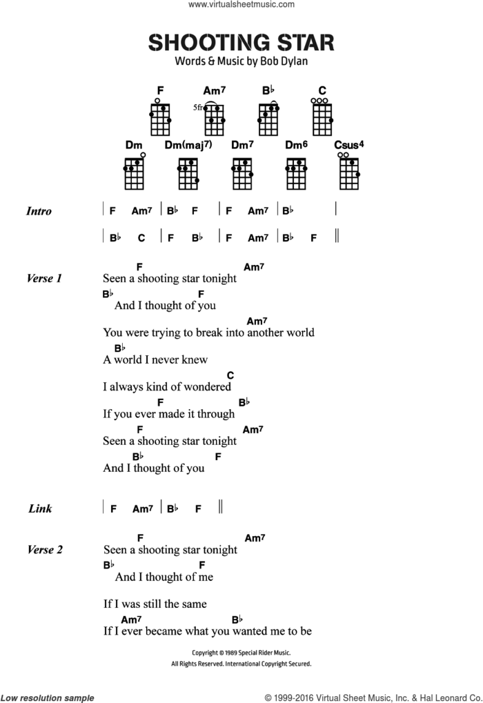Shooting Star sheet music for voice, piano or guitar by Bob Dylan, intermediate skill level