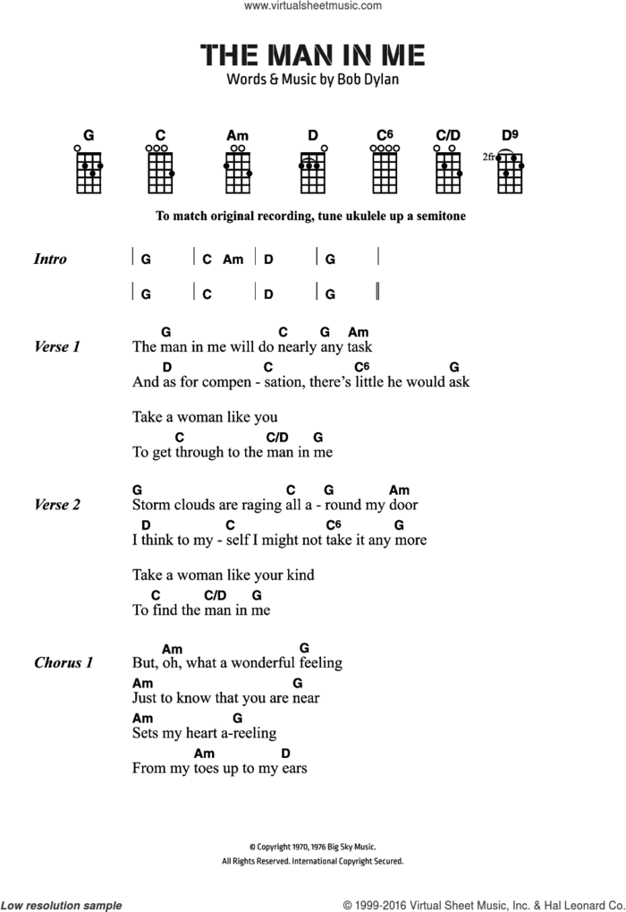 The Man In Me sheet music for voice, piano or guitar by Bob Dylan and The Clash, intermediate skill level