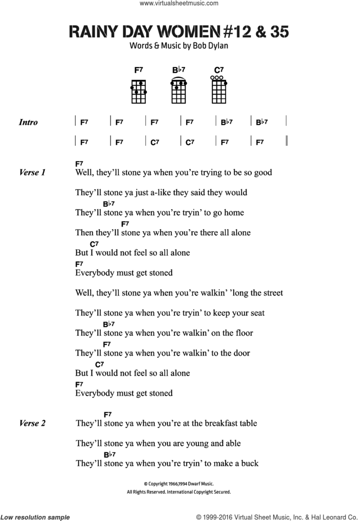 Rainy Day Women #12 and #35 sheet music for voice, piano or guitar by Bob Dylan, intermediate skill level