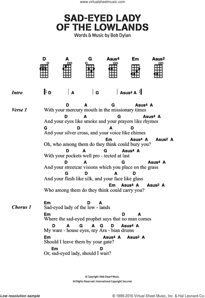 Sad-Eyed Lady Of The Lowlands sheet music for voice, piano or guitar by Bob Dylan, intermediate skill level