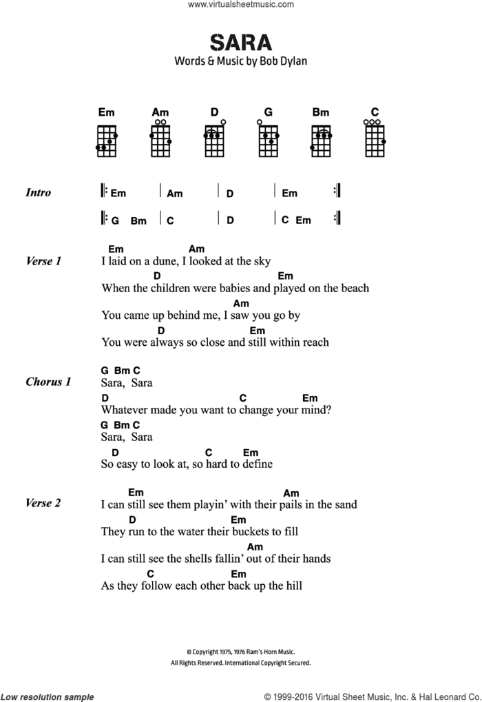 Sara sheet music for voice, piano or guitar by Bob Dylan, intermediate skill level
