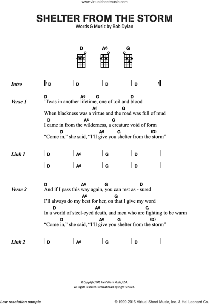 Shelter From The Storm sheet music for voice, piano or guitar by Bob Dylan, intermediate skill level