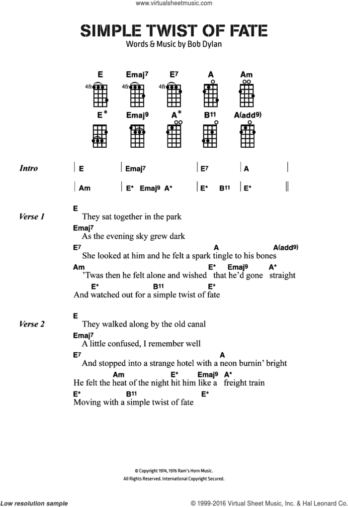 Simple Twist Of Fate sheet music for voice, piano or guitar by Bob Dylan, intermediate skill level