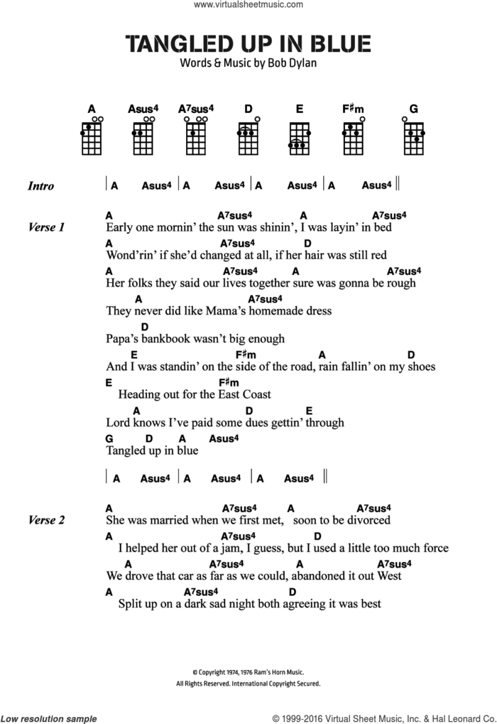 Tangled Up In Blue sheet music for voice, piano or guitar by Bob Dylan, intermediate skill level